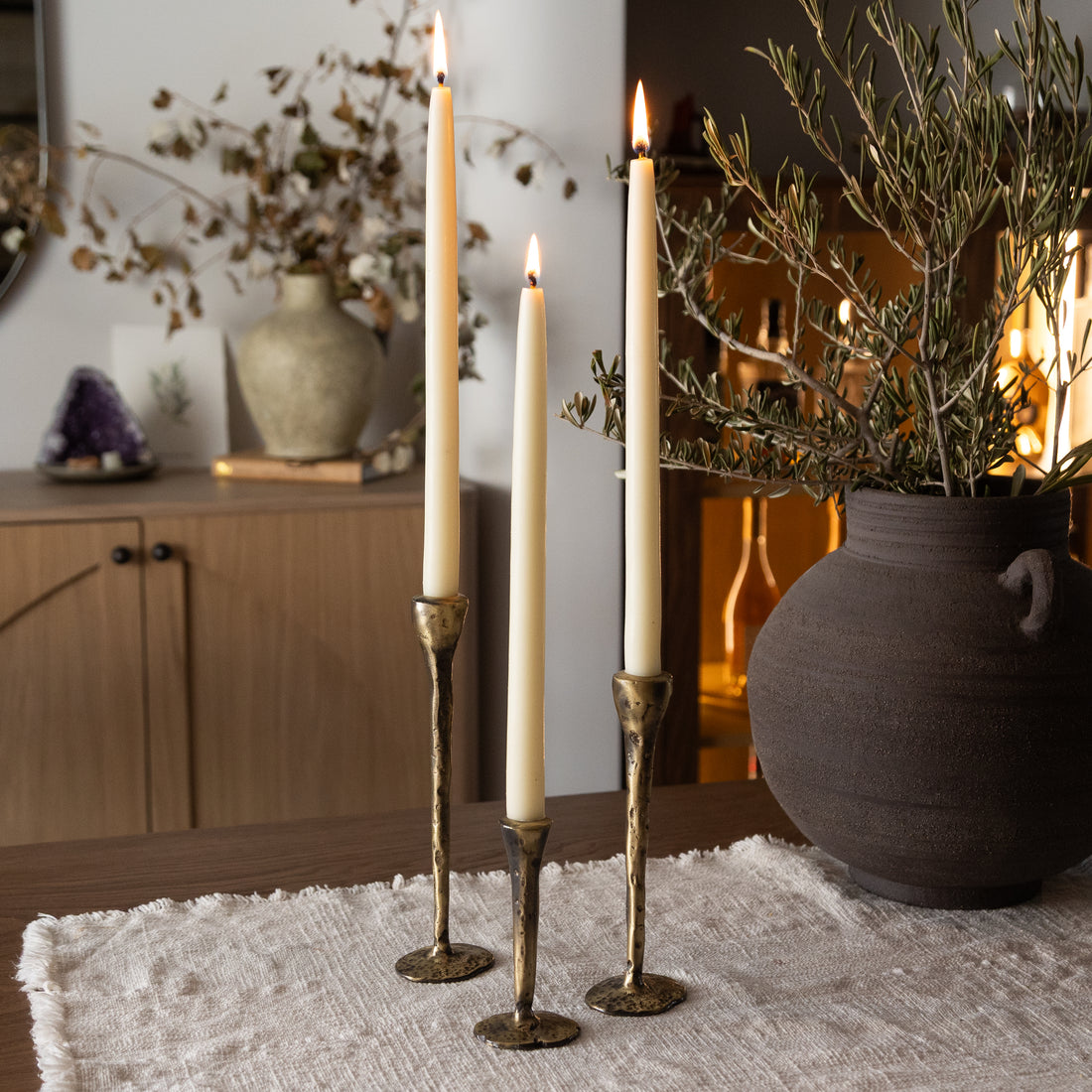The Natural Stillness Set (3 Brass Candlesticks + Set of 4 Candles)