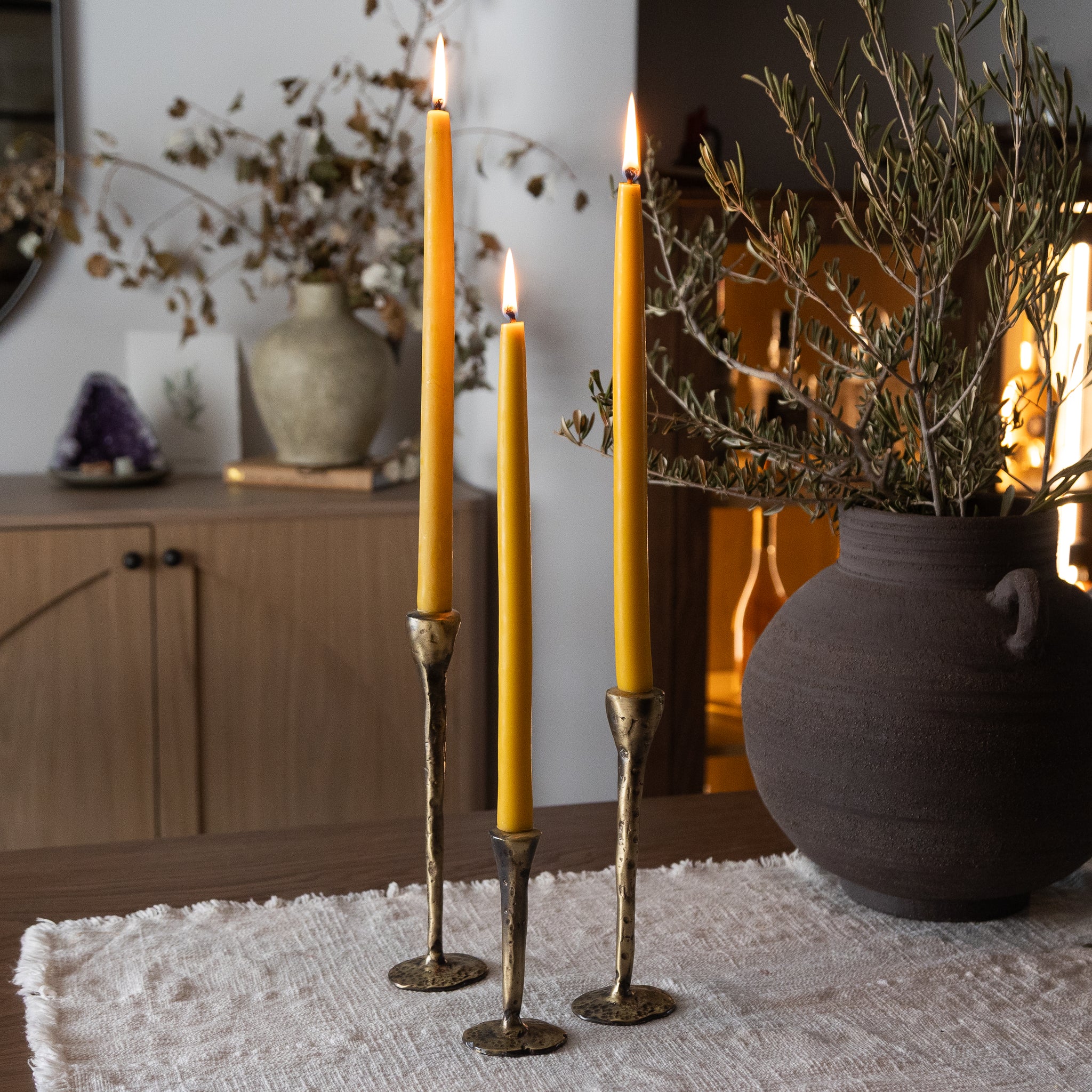 The Golden Glow Set (3 Brass Candlesticks + Set of 4 Candles)
