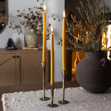The Golden Glow Set (3 Brass Candlesticks + Set of 4 Candles)